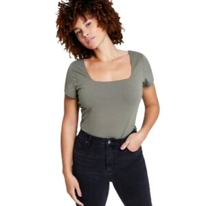 And Now This, Square-Neck Short-Sleeve, Double-Layered Bodysuit, green size M